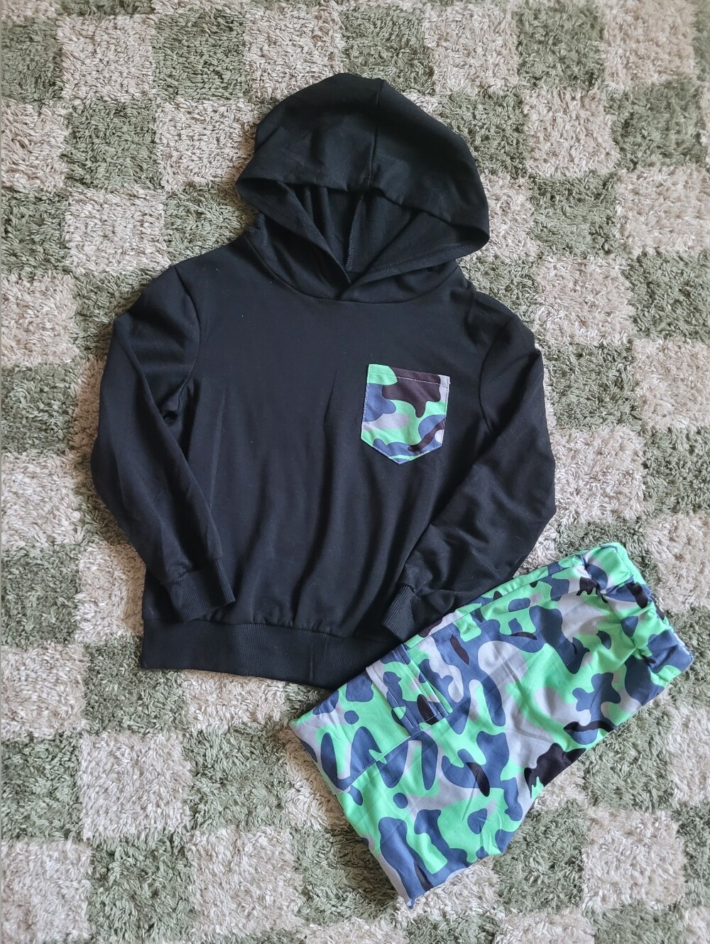NWOT Black Hoodie Set with Green & Blue Camouflage Pocket and Pants